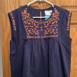 Hailey & Co, navy embroidered babydoll top.